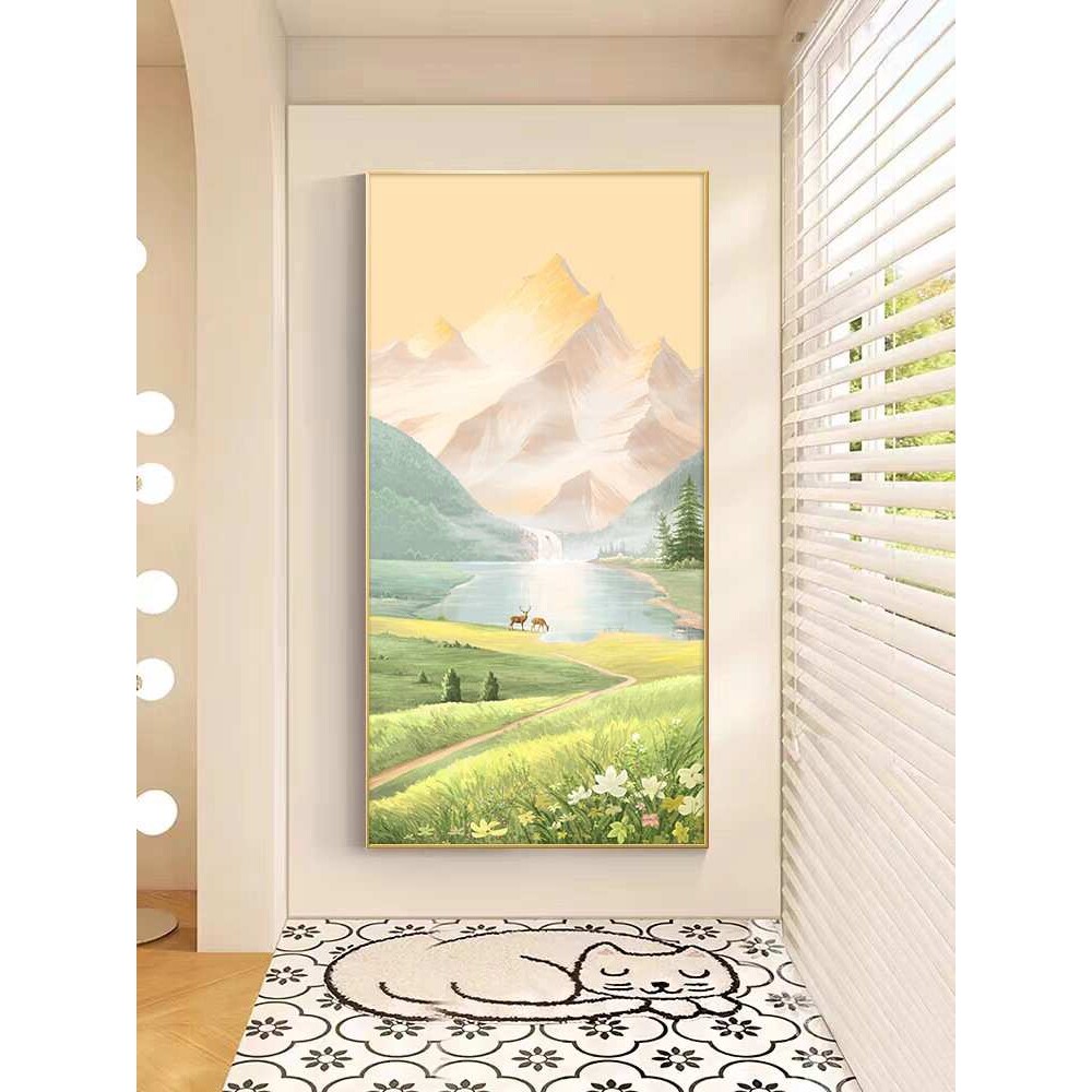 玄关装饰画走廊过道风景画日照金山挂画山水画入户手绘油画墙壁画