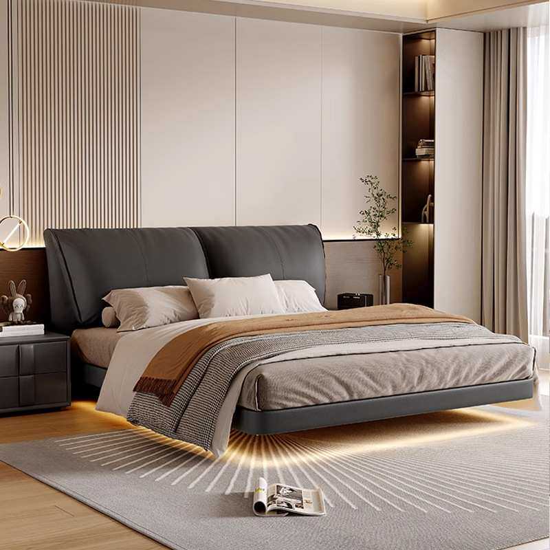 现代简约双人床酒店民宿北欧轻奢大床皮艺带感应灯床高端款悬浮床