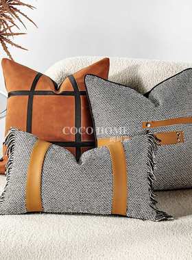 2025新款沙发抱枕橙色床头靠垫pu拼接背靠腰枕高端客厅软装样板房