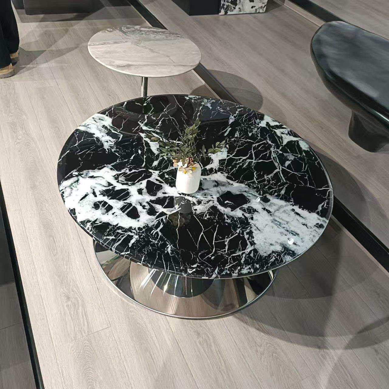 现代意式极简中小户型飞碟大理石设计师圆形茶几不锈钢角几组合