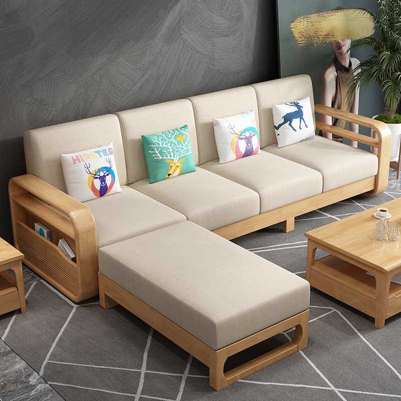 北欧实木沙发简约现代拉床沙发三人位带贵妃客厅大小户型布艺沙发