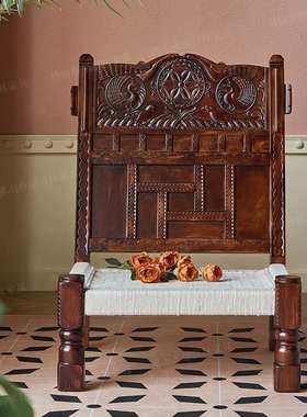 印度Pida椅实木雕花沙发椅民宿创意手工编织沙发椅子