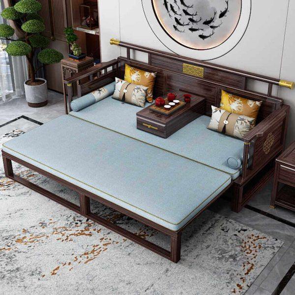 乌金木罗汉床新中式小户型实木推拉床茶桌椅组合沙发两用抽拉床