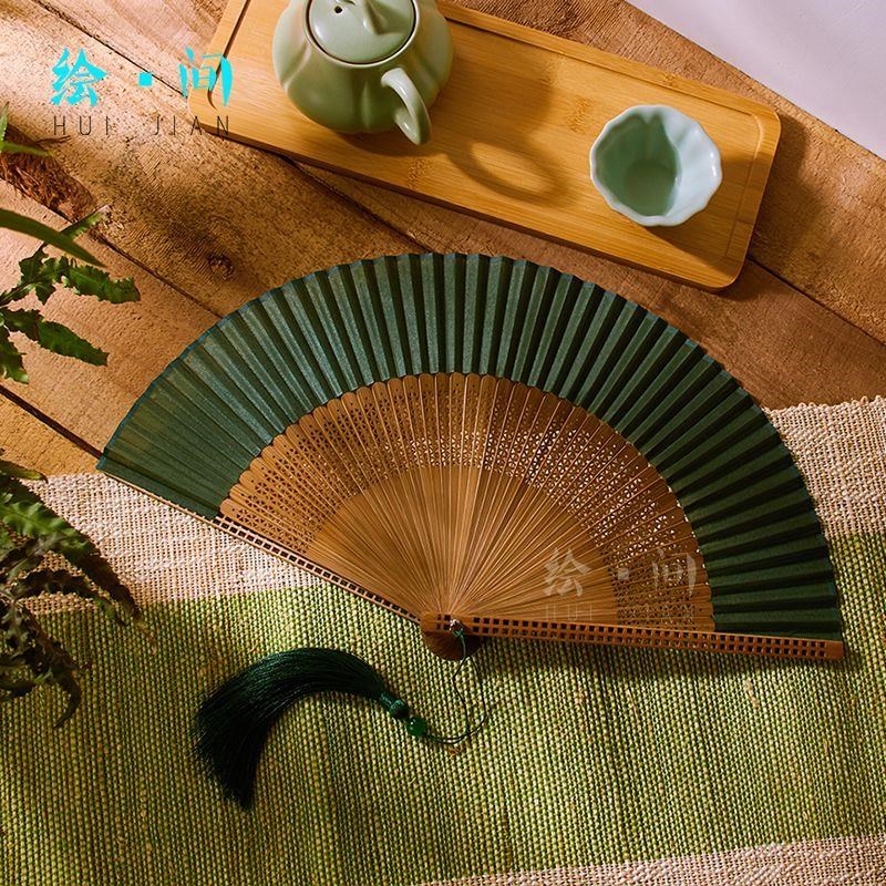 扇子女式a墨绿真丝折扇古风夏季古典小折叠扇礼品中国风舞蹈走秀