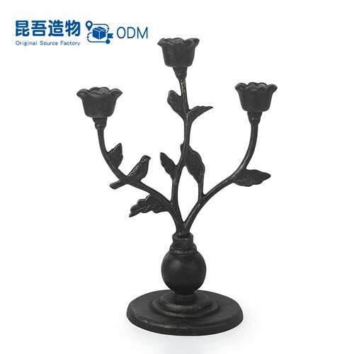 复古铸铁三头花蕾玫瑰烛台乡村金属蜡烛台餐宴婚庆酒店气氛摆件