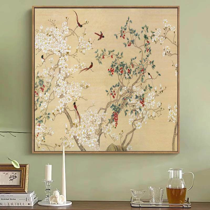 春色满园 新中式花鸟复古客厅挂画餐厅画玄关书房喜鹊玉兰花壁画