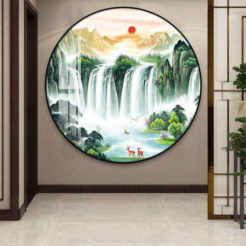 圆形玄关装饰画新中式山水画入户正对门挂画中国风走廊过道墙壁画