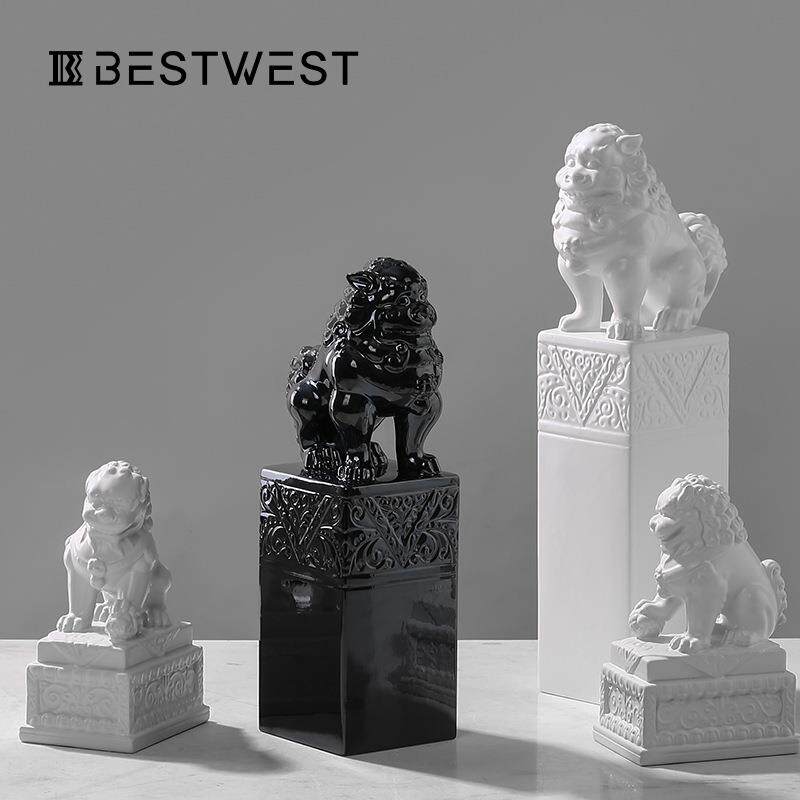 Best west 黑白色陶瓷狮子镇纸镇尺摆件家居别墅客厅酒柜软装饰品