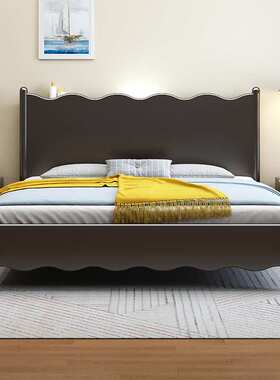 黑色全实木床复古简约现代主卧室双人床1.5米法式1.8米极简风大床