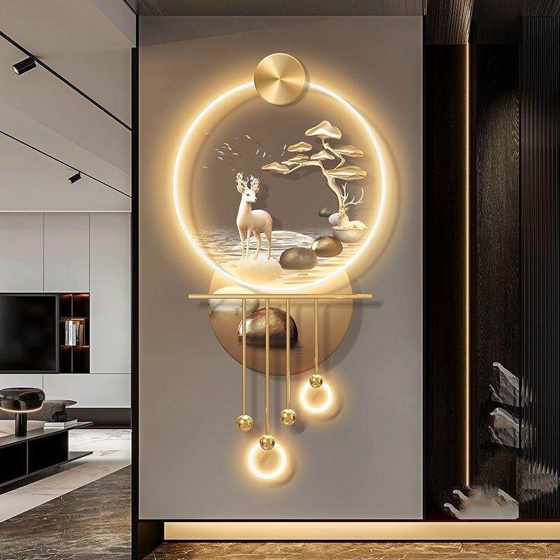 石来运转玄关装饰画福鹿双全走廊尽头挂画入户发光led氛围壁画灯