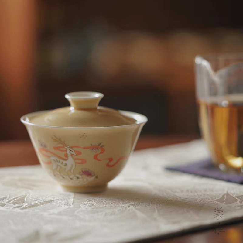 沐云言物粉古彩九色鹿盖碗景德镇中式复古手绘家用茶室人文茶器