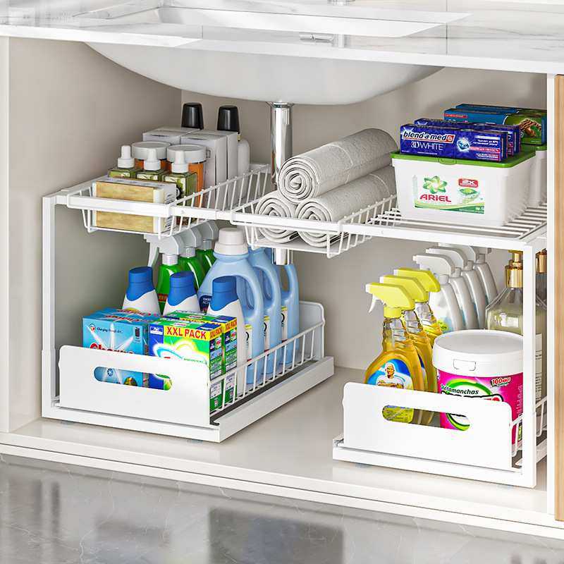 下水槽置物架双层抽拉式可伸缩多功能厨房锅具收纳架浴室橱柜分层