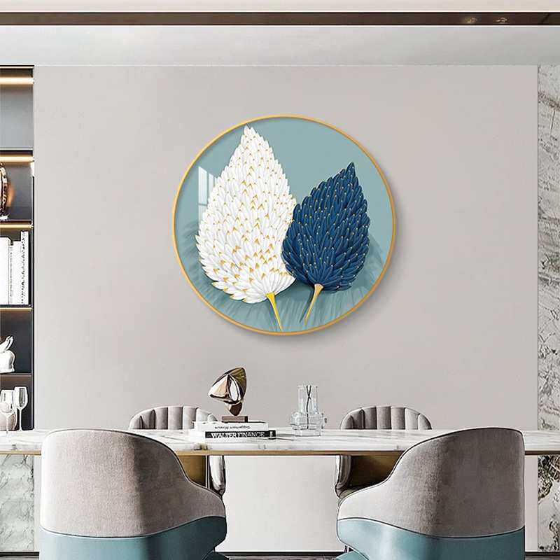 现代轻奢圆形玄关装饰画立体感羽毛挂画北欧餐厅过道走廊客厅墙画