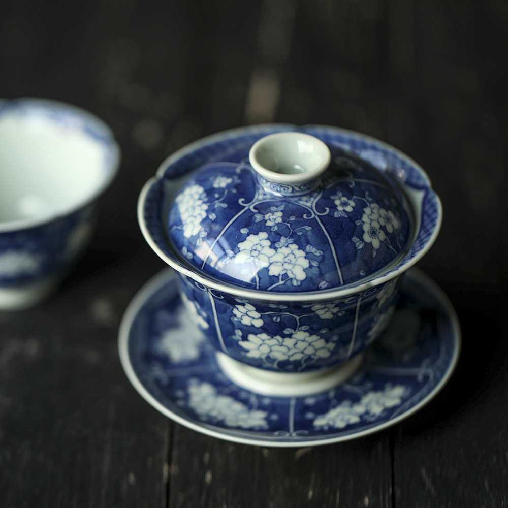 原矿青花景德镇陶人临古仿明宣德手绘青花留白冰梅牡丹盖碗三才杯