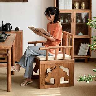 老榆木茶桌椅中式实木主人椅民宿复古风茶室禅椅扶手打坐靠背椅子