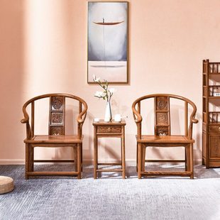 红木家具鸡翅木圈椅三件套麒麟中式圆椅围椅实木茶椅主人椅太师椅