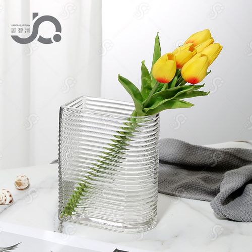 现代简约竖条横纹玻璃花瓶桌面茶几客厅百合鲜花玫瑰X装饰摆件水