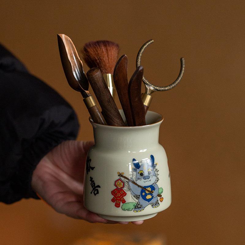 手绘萌龙可爱风茶道六君子家用套装高档茶艺工具茶具配件茶台摆件