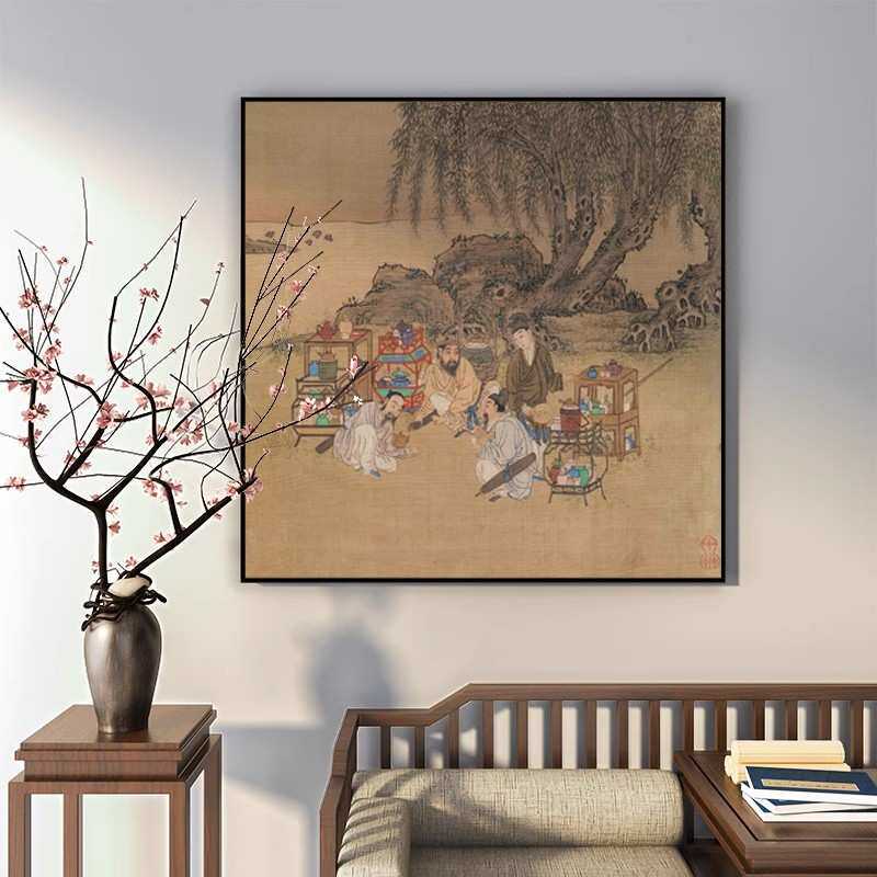 古代斗茶柳荫品茶图墙布茶室复古风壁画喝茶古画墙纸直播酒店背景