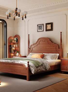 法式复古床黑色实木床现代1.8m美式床双人床主卧室婚床中古风大床