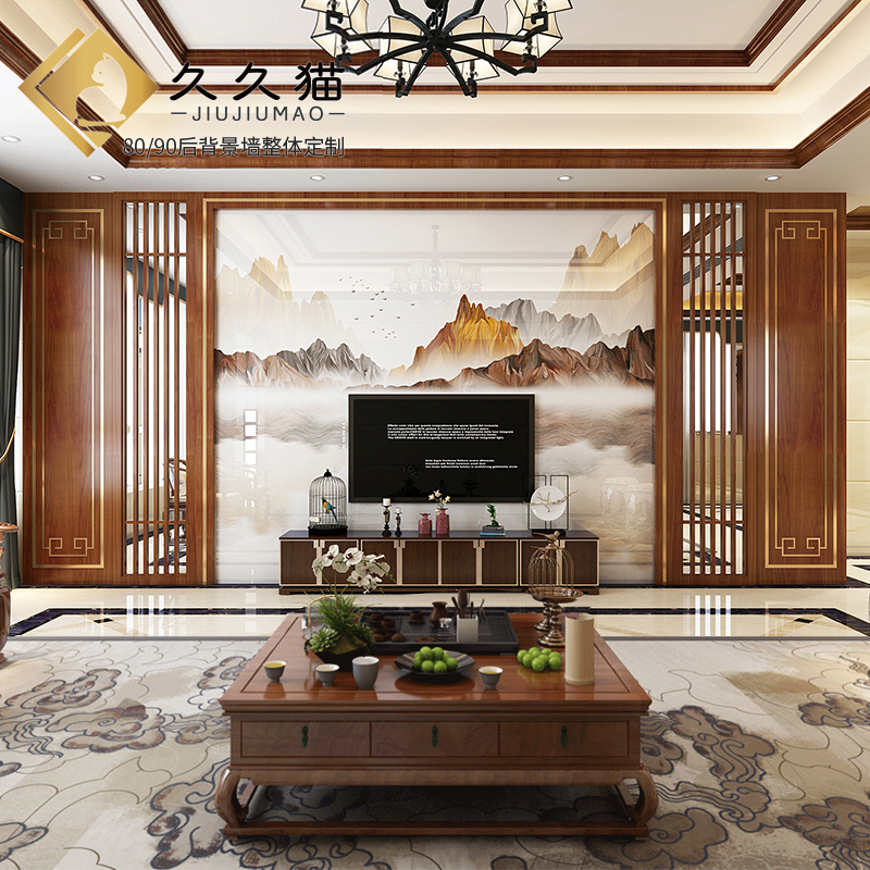 新中式电视背景墙实木花格护板线条D边框造型瓷砖影视墙水墨山水