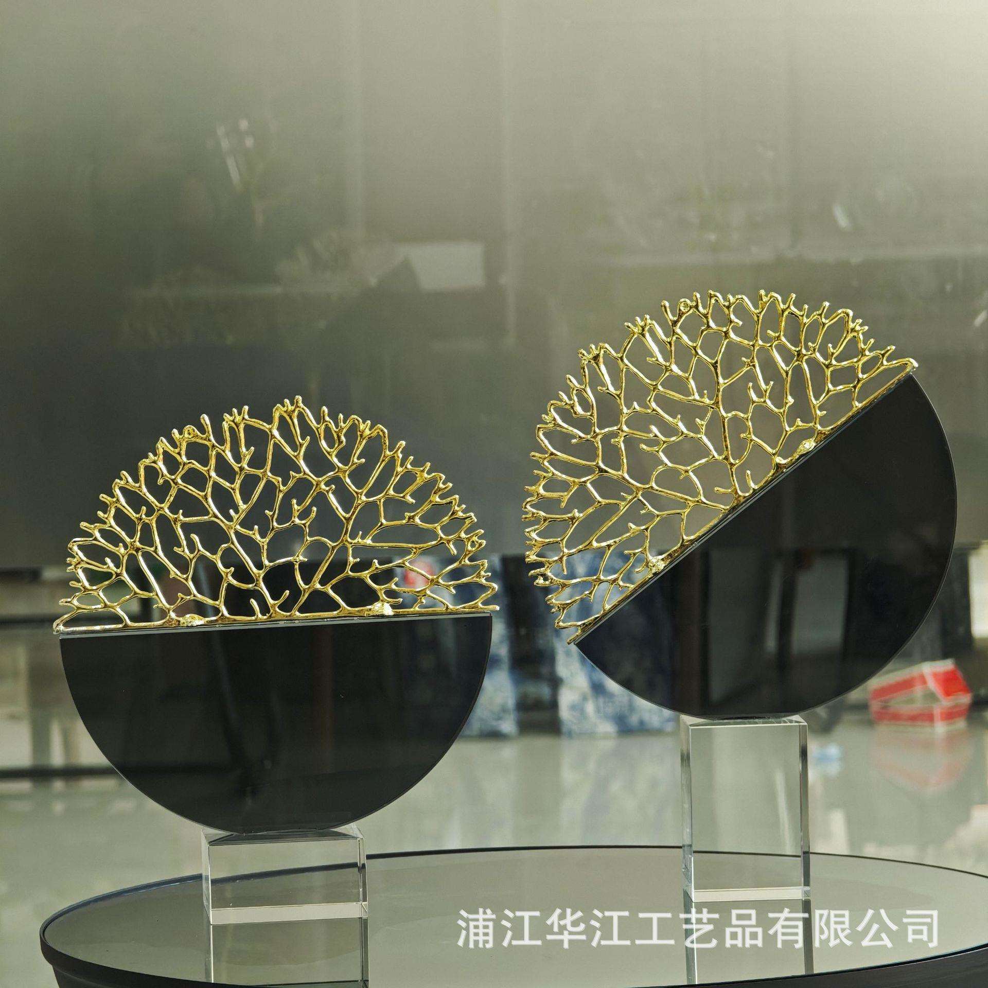 现代锌合金发财树办公室装饰摆件轻奢风黑色水晶珊瑚树招财工艺品