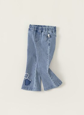 宥宝童装宝宝春装新品韩版儿童爱心绣花微喇裤女童牛仔裤24037