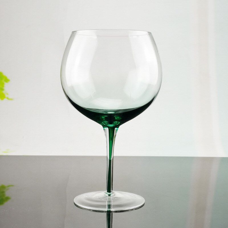 人工绿色杆玻璃勃艮第红酒杯大肚球形绿葡萄酒杯圆形高脚杯