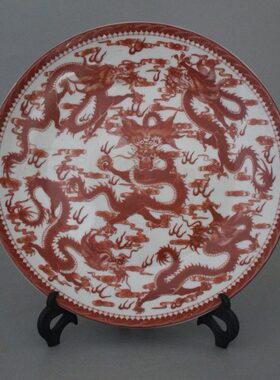 五乾隆客厅装饰红清家居盘摆古风博古架古玩老物件盘龙矾瓷器摆件