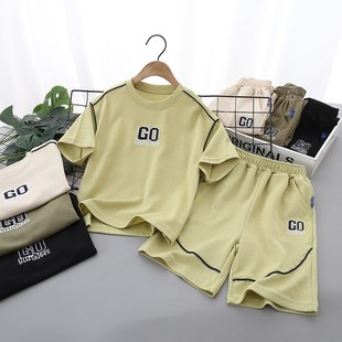 儿童套装纯柔软棉短袖短裤两件套男童宽松字母刺绣T恤五分五分裤