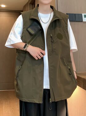 日系多拉链口袋马甲男复古休闲无袖坎肩机能魔术贴工装背心外套男