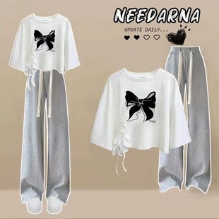 女大童套装女孩夏季装儿童韩版冰丝直筒阔腿裤宽松短袖上衣两件套