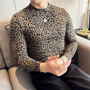 弹力纯棉中领个性豹纹男t恤长袖2025韩版修身半高领体恤上衣男装