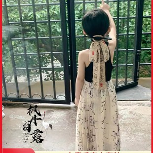 新中式马面裙女童马面裙春款儿童马面裙套装春天水墨画国风连衣裙