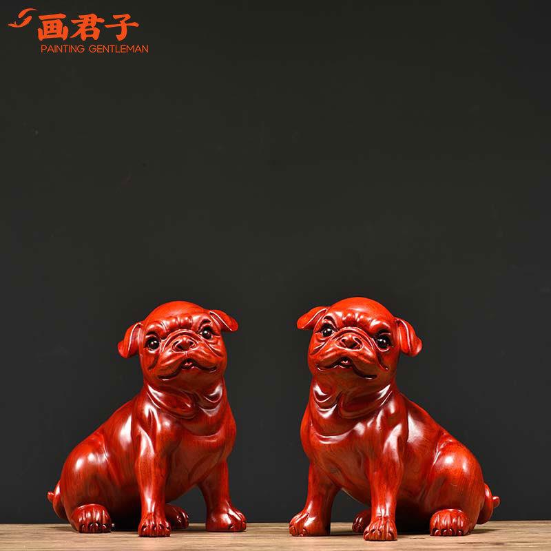 红花梨木雕小狗摆件实木家居客厅动物摆设装饰雕刻工艺品商务送礼