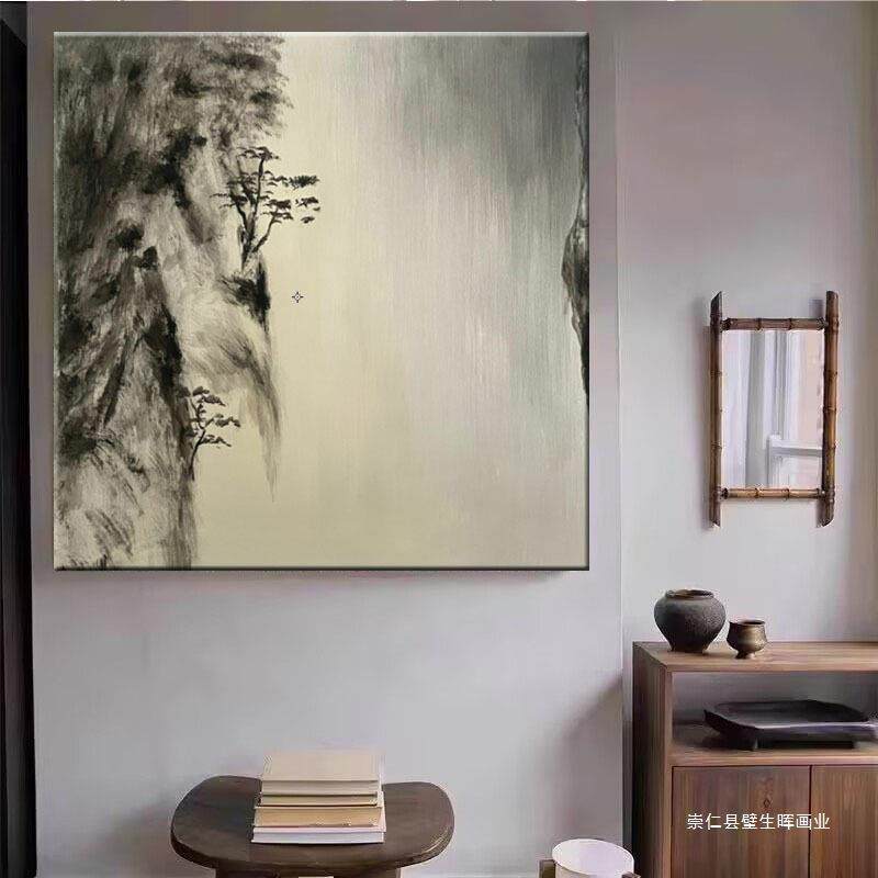 手绘油画意式极简山水风景画客厅装饰画正方形中古风迎客松手工画