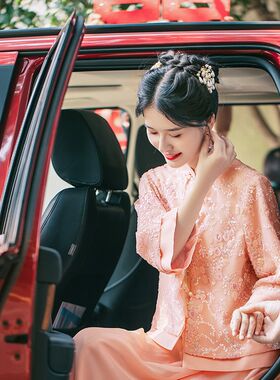 苏爱婉茹 中国风新中式连衣裙女套装粉色订婚礼服裙改良旗袍结婚
