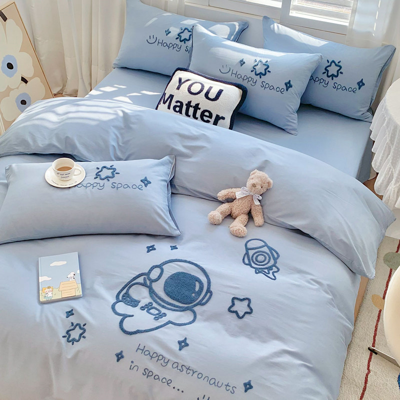刺绣卡通纯棉全棉四件套床单被套简约床上用品男孩春夏季被单被罩