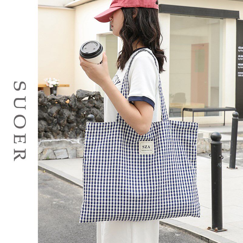 复古格纹帆布包女2025韩版新款大容量托特单肩包休闲环保购物袋