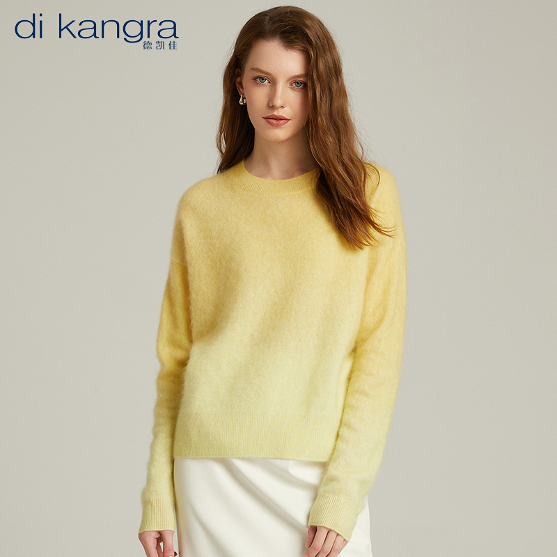 100%纯喀什米尔羊毛衫拉毛套头圆领新款拉绒宽松渐层针织打底衫