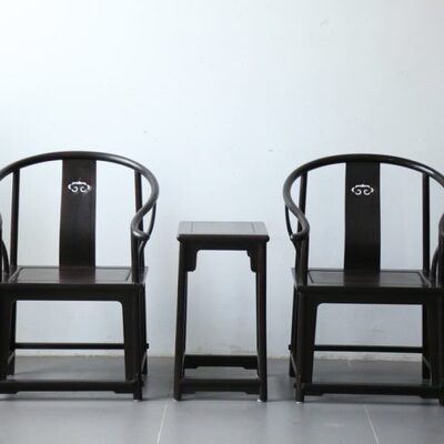 紫光檀东非黑黄檀明式圈椅茶几三件套古典红木家具镂空雕花靠背椅
