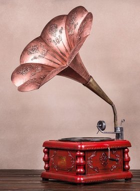 大喇叭老式复古留声机模型仿古铁艺摆件酒M吧客厅店面橱窗怀旧摆