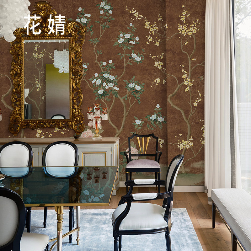 壁画定制法式复古花鸟电视背景墙壁纸中古风客厅卧室床头墙纸墙布