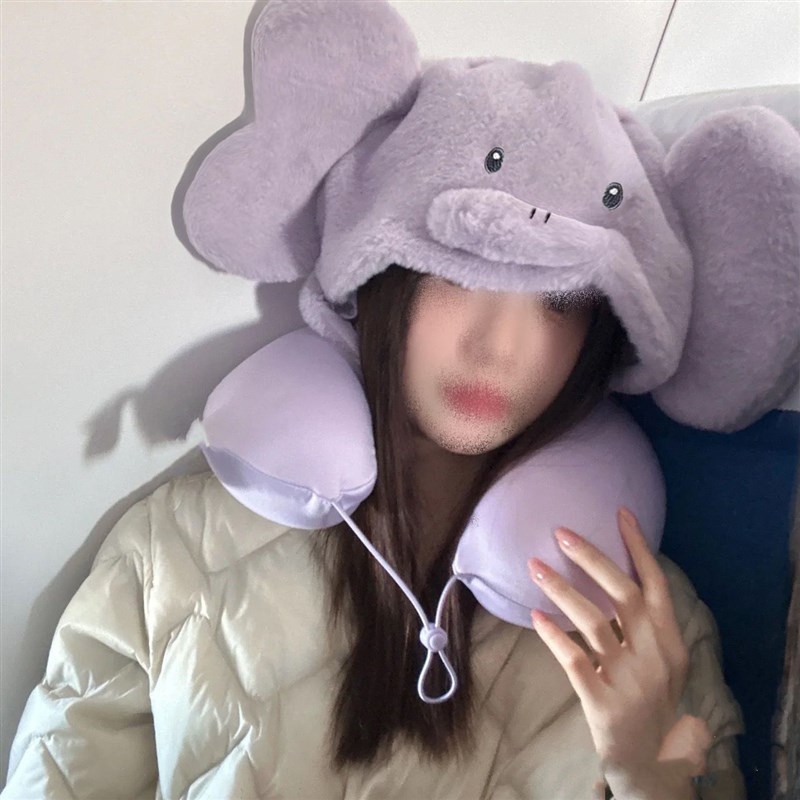 紫色大象连帽U型枕旅行枕可爱卡通护颈办公室空调帽子开车飞机枕