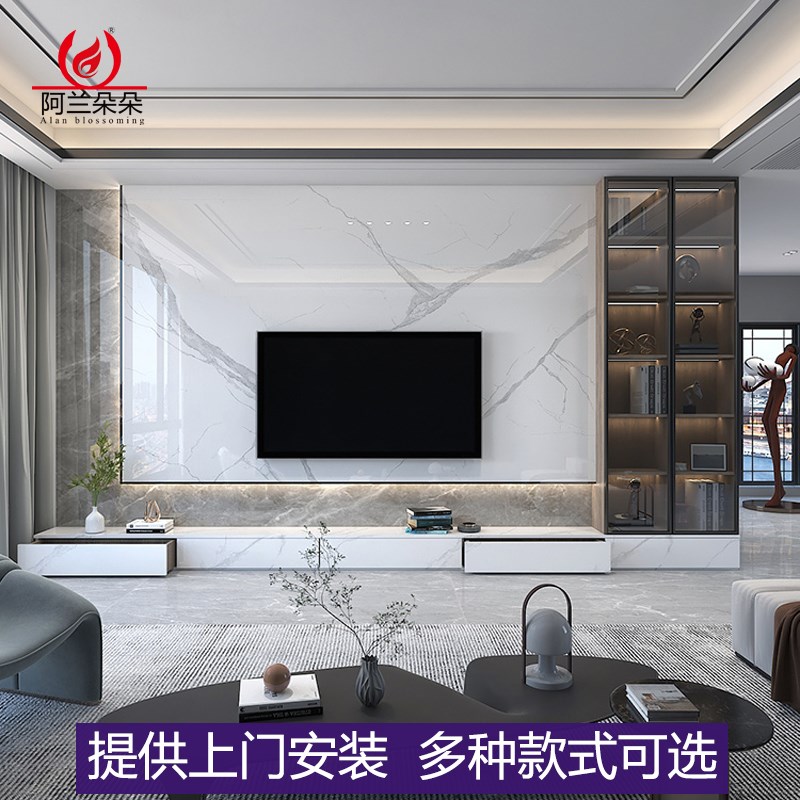 网红新款悬空岩板电视背景墙客厅大理石现代简约S木格栅影视墙装