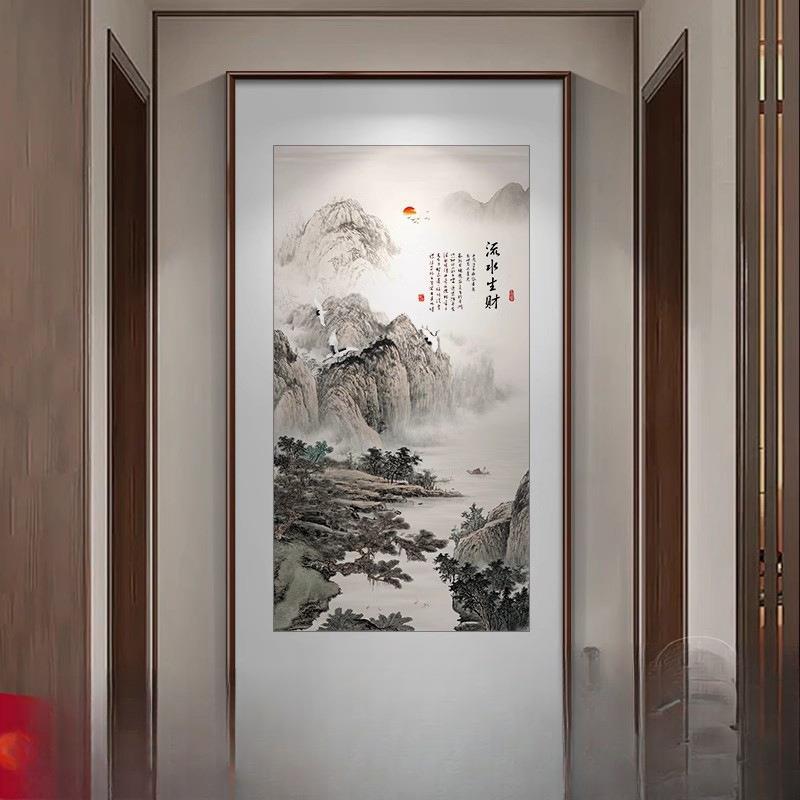 新中式山水画入户玄关挂画国画竖版客厅装饰画流水生财壁画水墨画