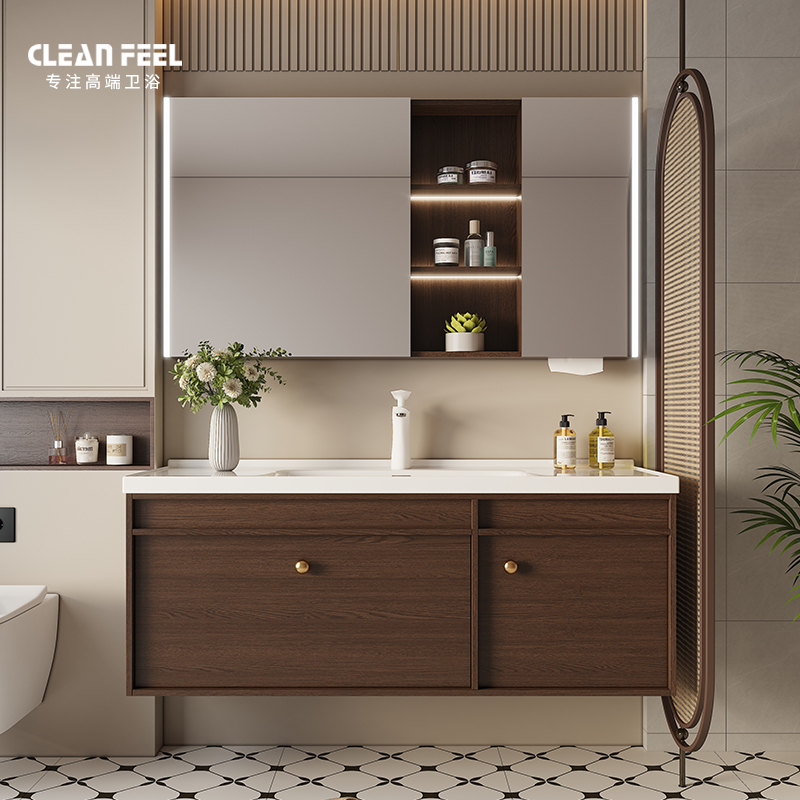 中古风浴室柜陶瓷一n体盆组合胡桃木实木洗漱台卫生间洗手洗脸台