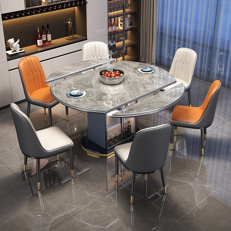 电磁炉款储物餐桌岩板家用现代简约轻奢带储Q物柜伸缩折叠小户型