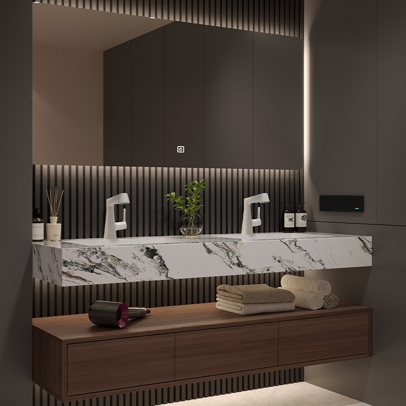 浴室柜中古风卫生间洗漱台酒店式双盆岩板热弯无T缝一体盆洗手台