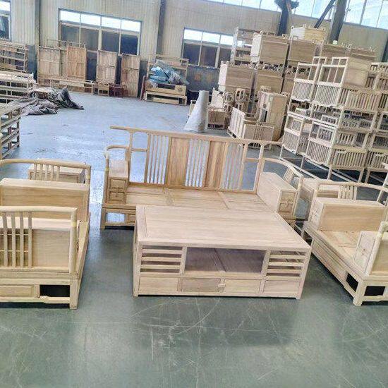 拆装沙发茶几组合白茬全实木北榆木扶手箱网格新中式别墅客厅家具